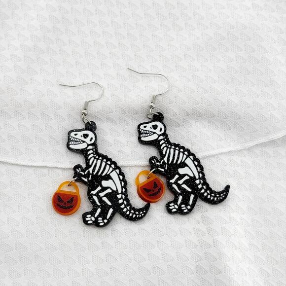 Skelton Trick Or Treat T-Rex Earrings, Halloween Earrings, Dino Earrings - Picture 1 of 4